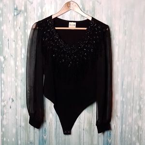 Vintage body suit sheer arms fringe neck black medium